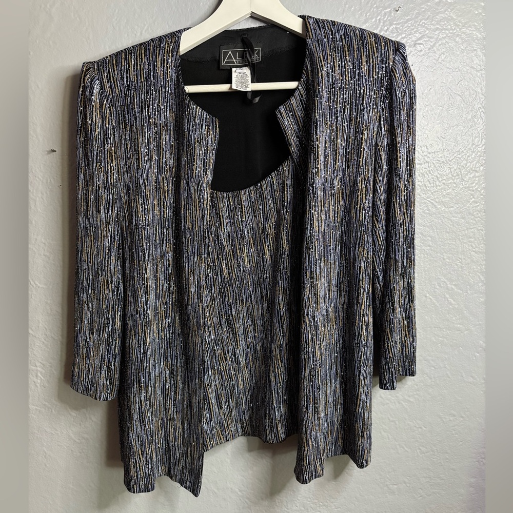 Alex‎ Evening two piece set. Glitter Sequins tank/jacket. SZ SM gold/navy formal